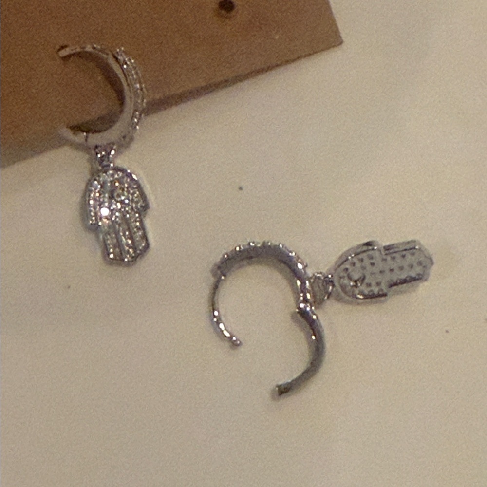 Stainless Steel CZ Hamsa Hoop Earrings Silver-Tone Dangle Protection Charms NWT - Picture 8 of 8